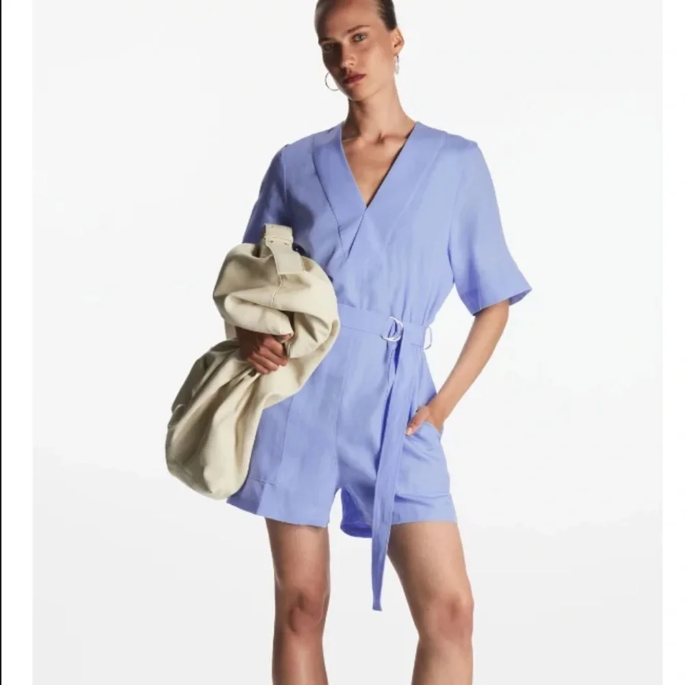 COS Blue V-Neck Belted Playsuit Romper Size 2